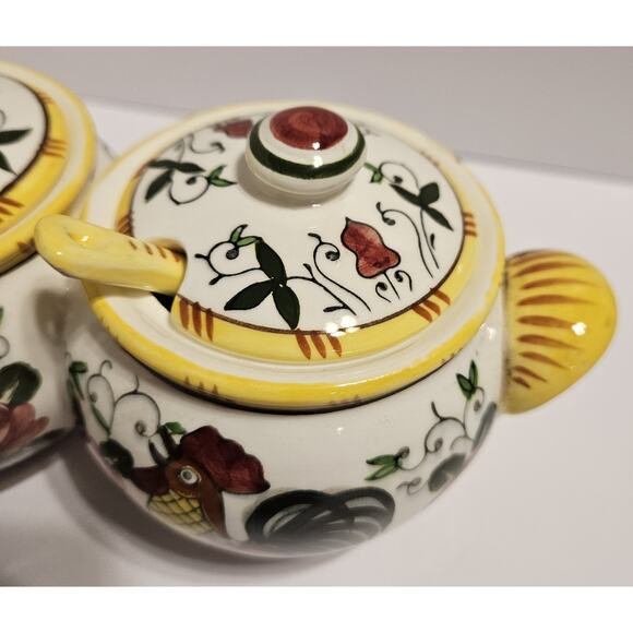 Early Provincial Rooster And Roses Ucago Jam Jelly Pots W/ Spoons Hand Painted - Picture 8 of 9